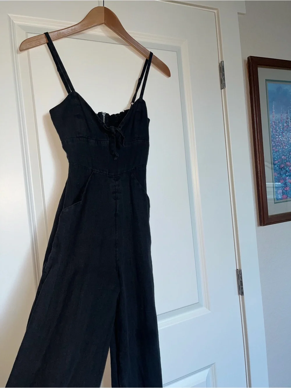 Reformation black linen spaghetti strap jumpsuit